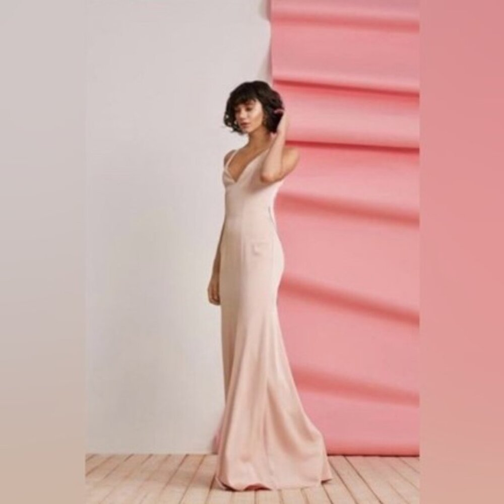 Foxiedox Laguna Sand Beige Sleeveless Back Slit Deep Plunge V-neck Gown